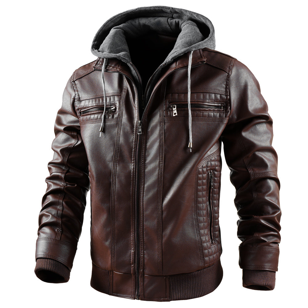 Men's Faux Leather Motorcycle Jacket – Waterproof Hoodie with Removable Hood
