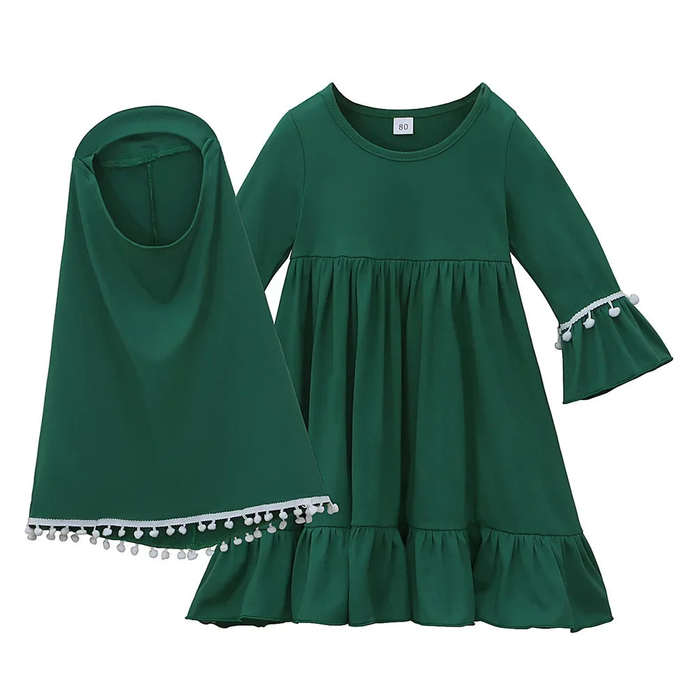 Girls 2-Piece Flower Hijab & Prayer Dress Set - Kids Abaya