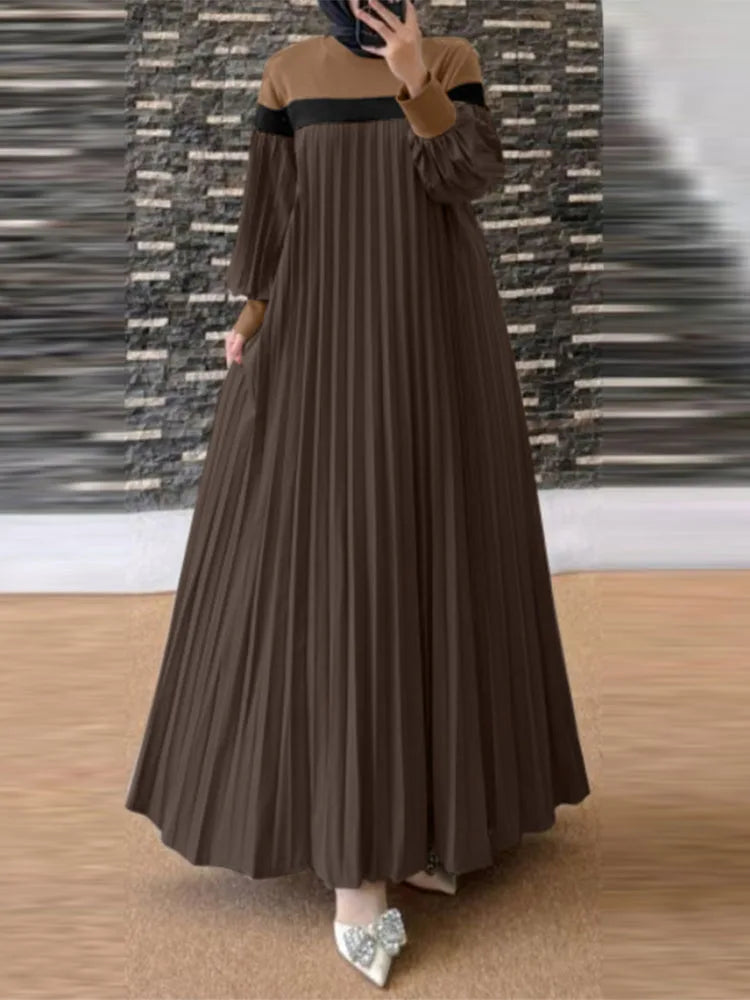 Vintage Patchwork Pleated Abaya - Long Sleeve Autumn Dress