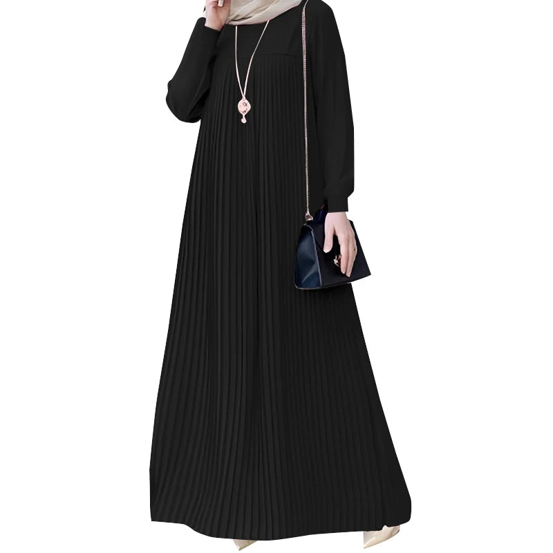 Elegant Pleated Muslim Abaya Dress - Long Sleeve Hijab Maxi Robe