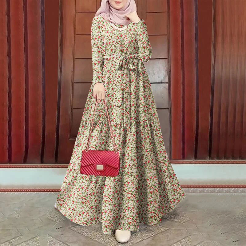 Floral Print Abaya Dress with Sash - Bohemian Long Sleeve Robe