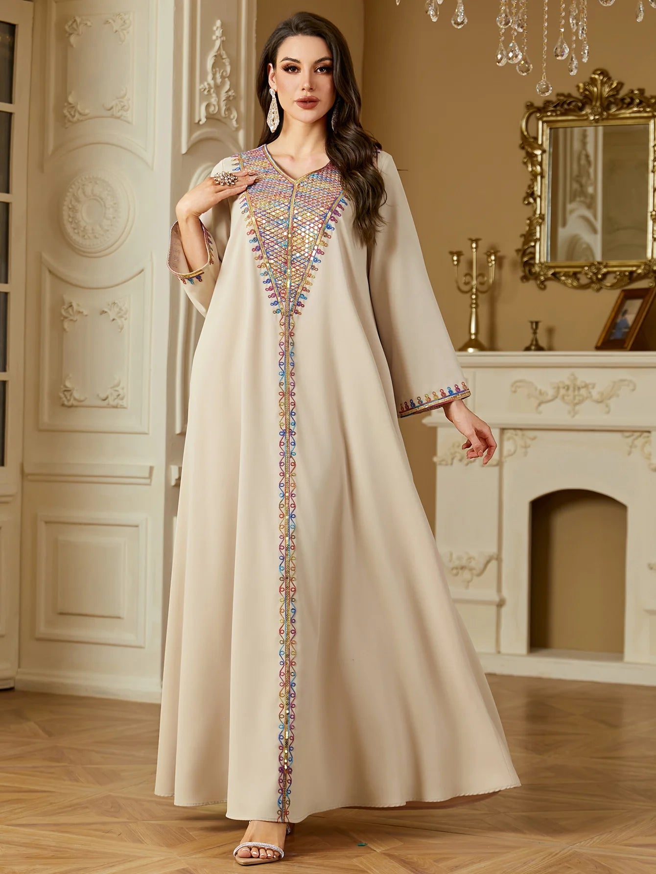 Elegant Embroidered Evening Abaya - Sequin Kaftan Dress