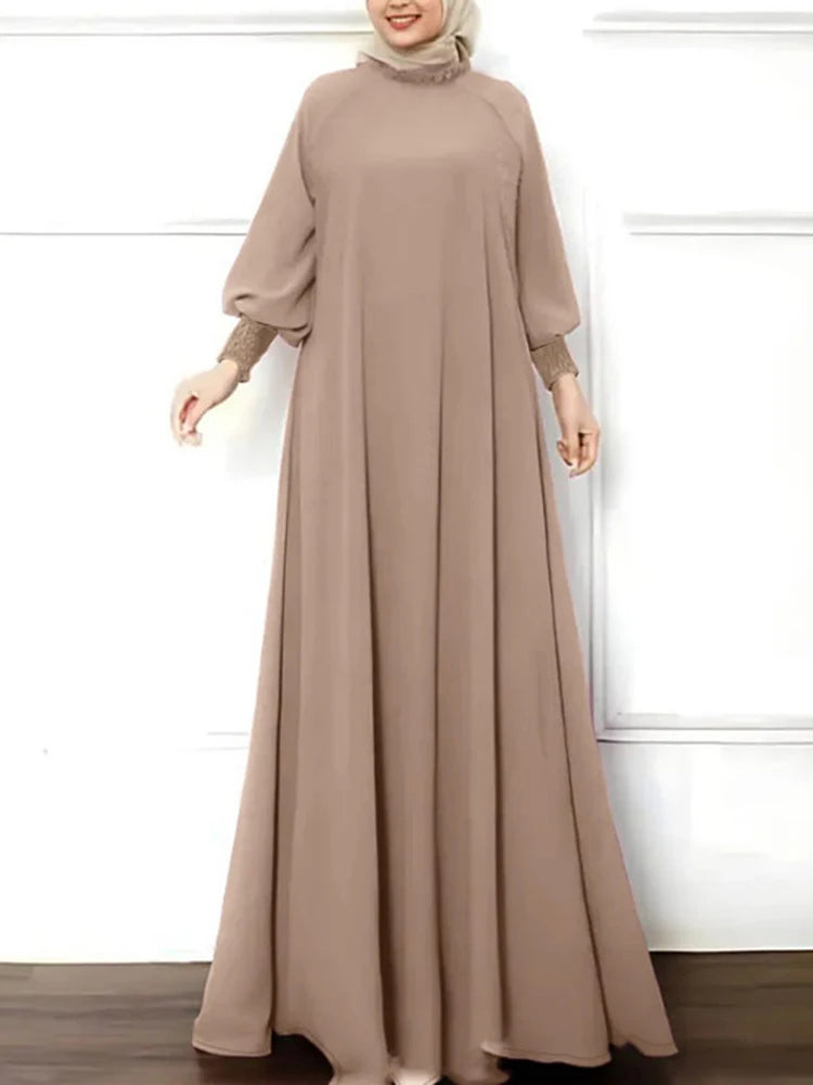 ZANZEA Ruffled Shirring Cuff Maxi Dress - Elegant Long Sleeve Muslim Abaya | Autumn Winter