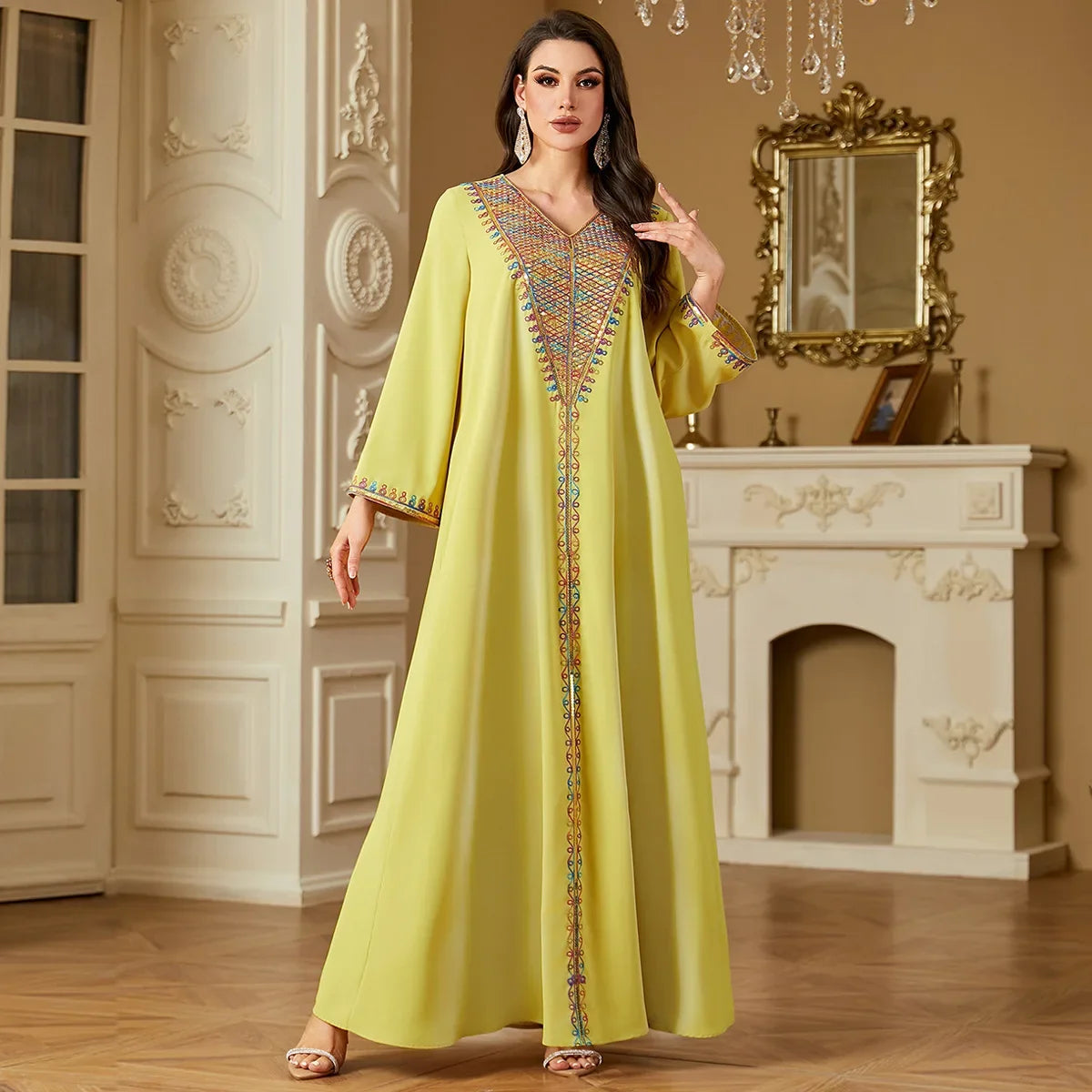 Embroidered Eid Abaya - Elegant Long Sleeve Kaftan Dress