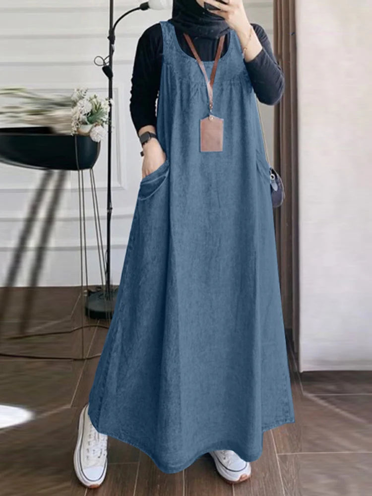 Denim Overall Dress with Pockets - Casual A-Line Maxi