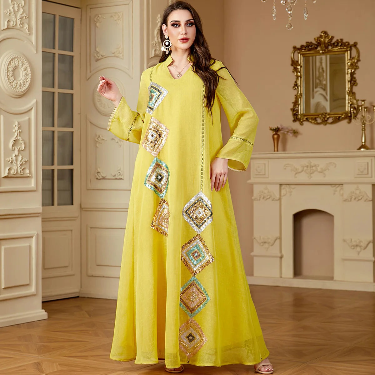 Sequined Eid Mubarak Long Sleeve Abaya Dress - Elegant Kaftan for Ramadan & Special Occasions