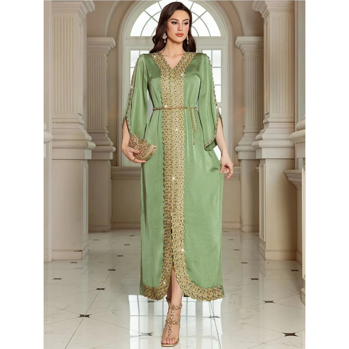 Lace & Diamond Embellished Party Abaya - Elegant Long Robe