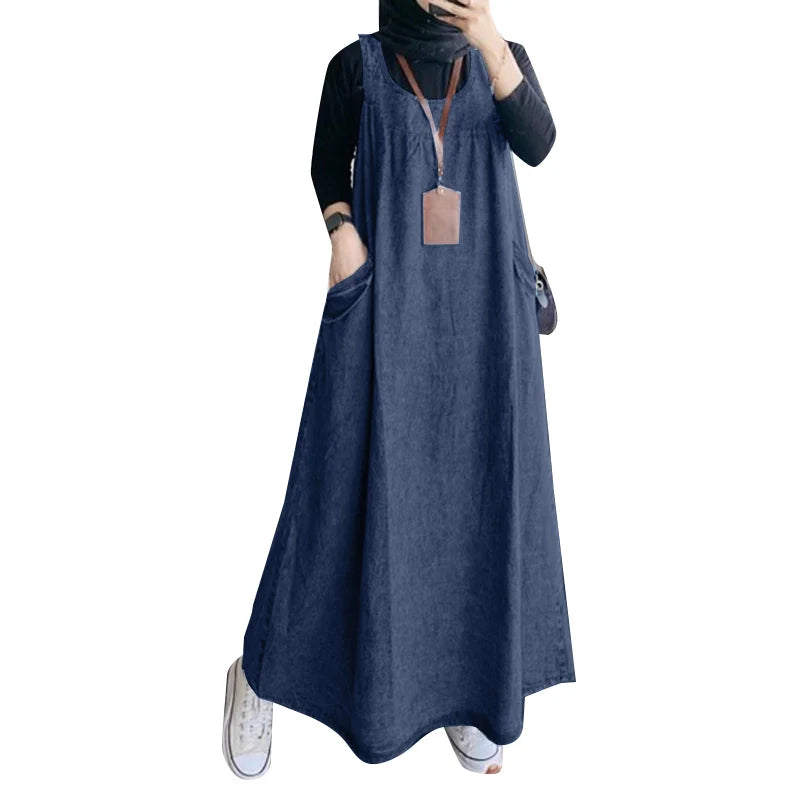 Sleeveless Denim Sundress - Casual Loose Fit Abaya with Pockets