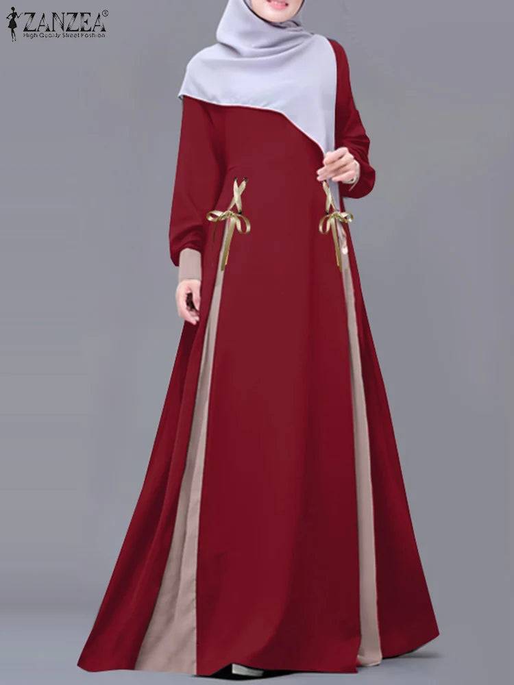 ZANZEA Patchwork Muslim Dress - Elegant Long Sleeve Abaya for Women | Eid & Dubai Fashion