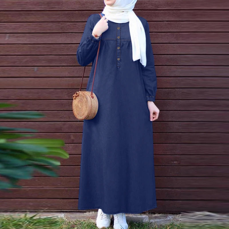 Denim Blue Long Sleeve Abaya - Loose Casual Maxi Dress