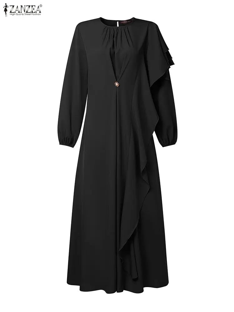 ZANZEA Elegant Ruffled Abaya - Long Sleeve Pleated Muslim Dress for Women