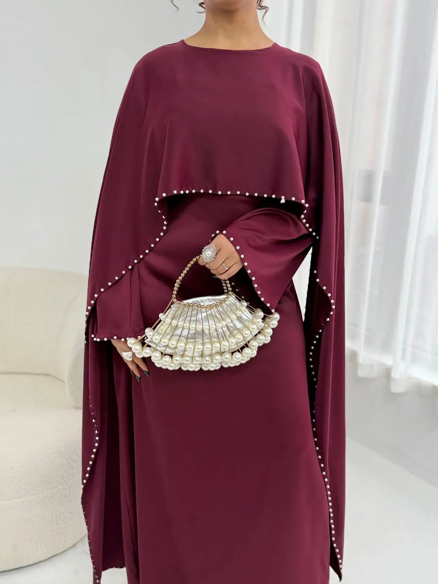 Elegant Beaded Muslim Party Dress - Long Sleeve Abaya Jalabiya for Eid & Ramadan