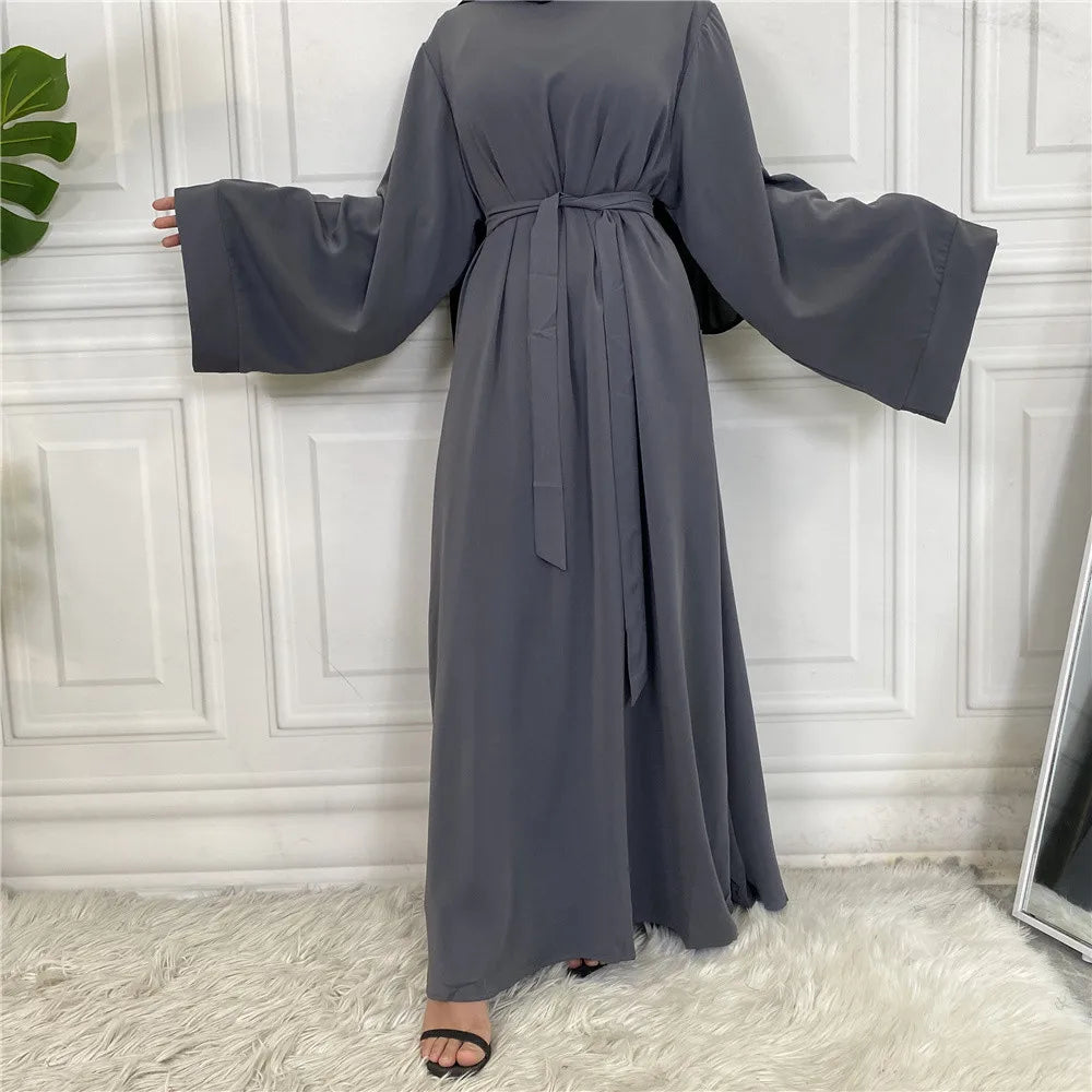 Solid Color Abaya Dress with Sash - Elegant Regular Fit Robe