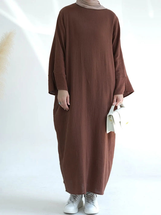 100% Crumpled Cotton Abaya - Loose Long Dress with Full Sleeves | Ramadan & Prayer