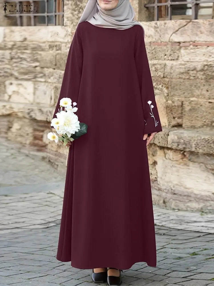 ZANZEA Embroidered Floral Muslim Dress - Elegant Long Sleeve Abaya for Women | Dubai Kaftan 2025