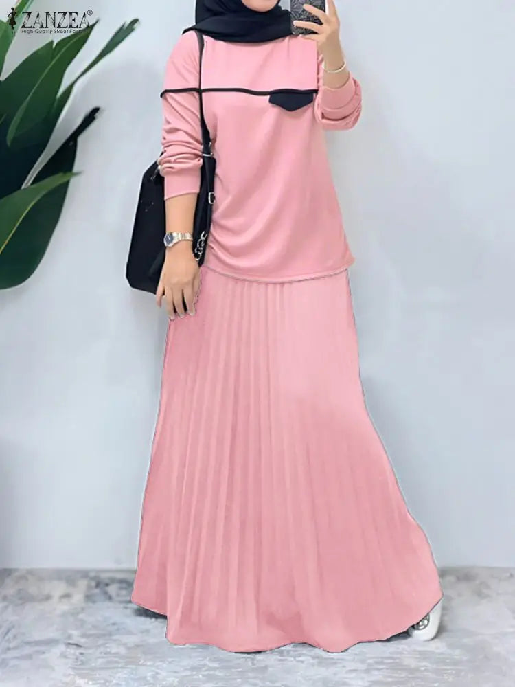 ZANZEA 2-Piece Color-Block Blouse & Pleated Skirt Set - Complete Muslim Outfit | Ramadan 2026