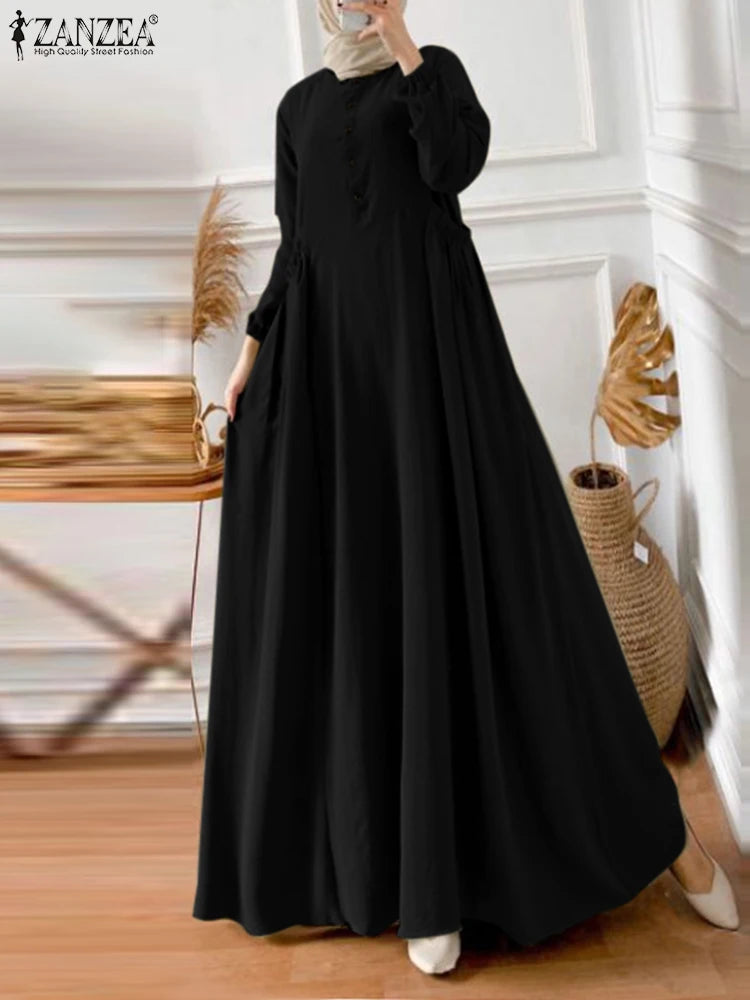 ZANZEA Muslim Maxi Dress - Elegant Long Sleeve Kaftan Abaya for Women