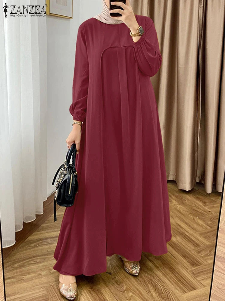 ZANZEA Lantern Sleeve Abaya - Elegant Pleated Muslim Dress for Women | Ramadan & Eid