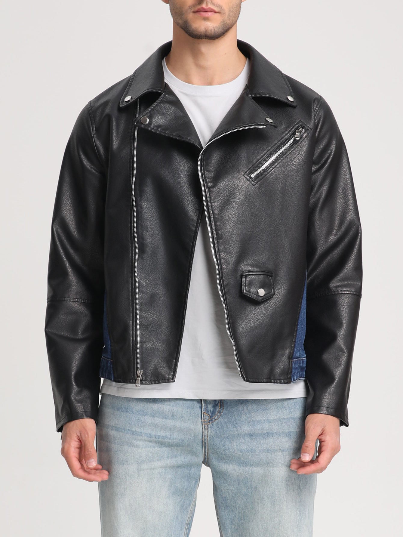 Men's Patchwork Denim Jacket – Diagonal Zip Collar Streetwear Coat