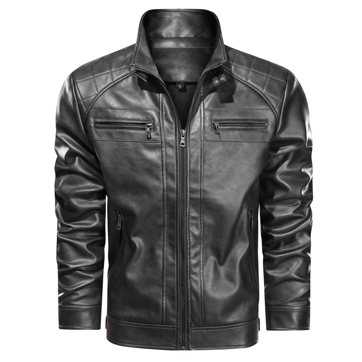 Men's Faux Leather Cafe Racer Jacket — Dark Gray & Yellow