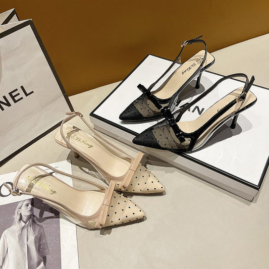 Polka-Dot Mesh Stiletto Slingback Heels