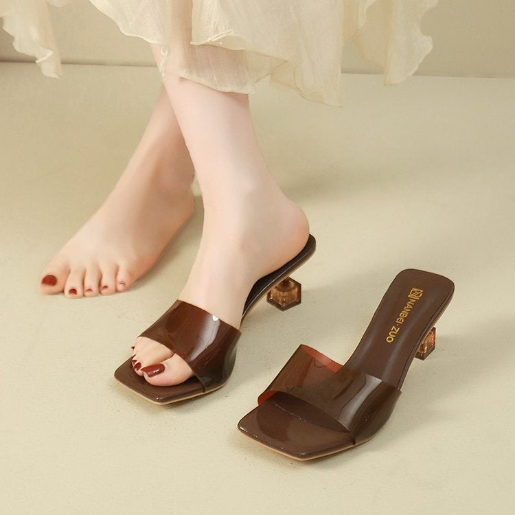 Women's Patent Square-Toe Kitten Heel Mule Sandals