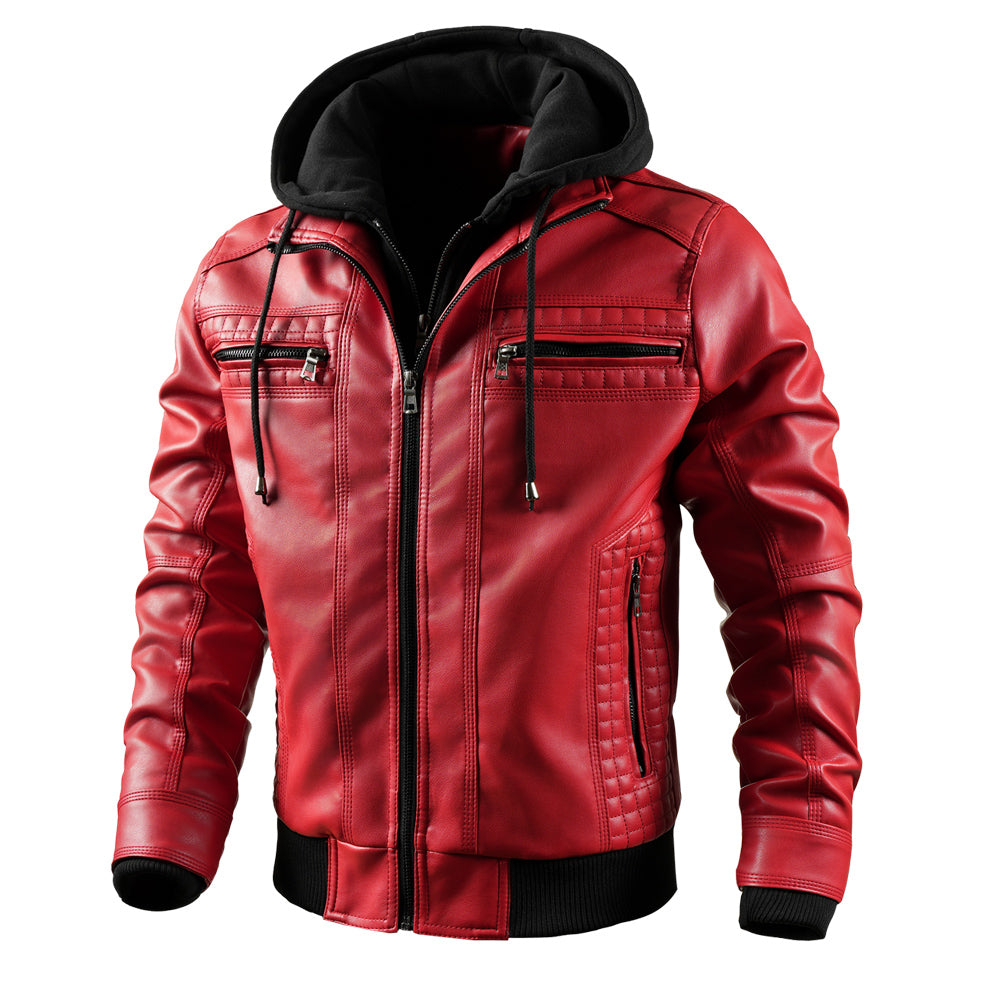 Men's Faux Leather Motorcycle Jacket – Waterproof Hoodie with Removable Hood