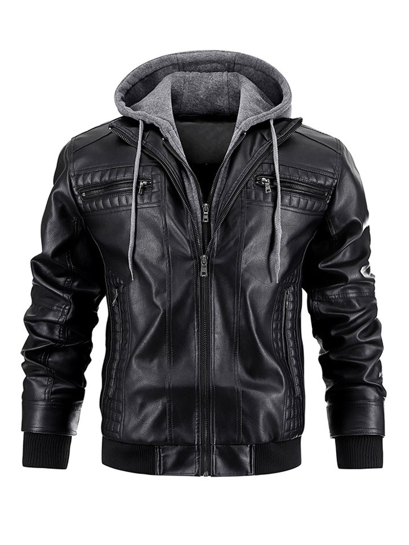 Men's Faux Leather Motorcycle Jacket – Waterproof Hoodie with Removable Hood