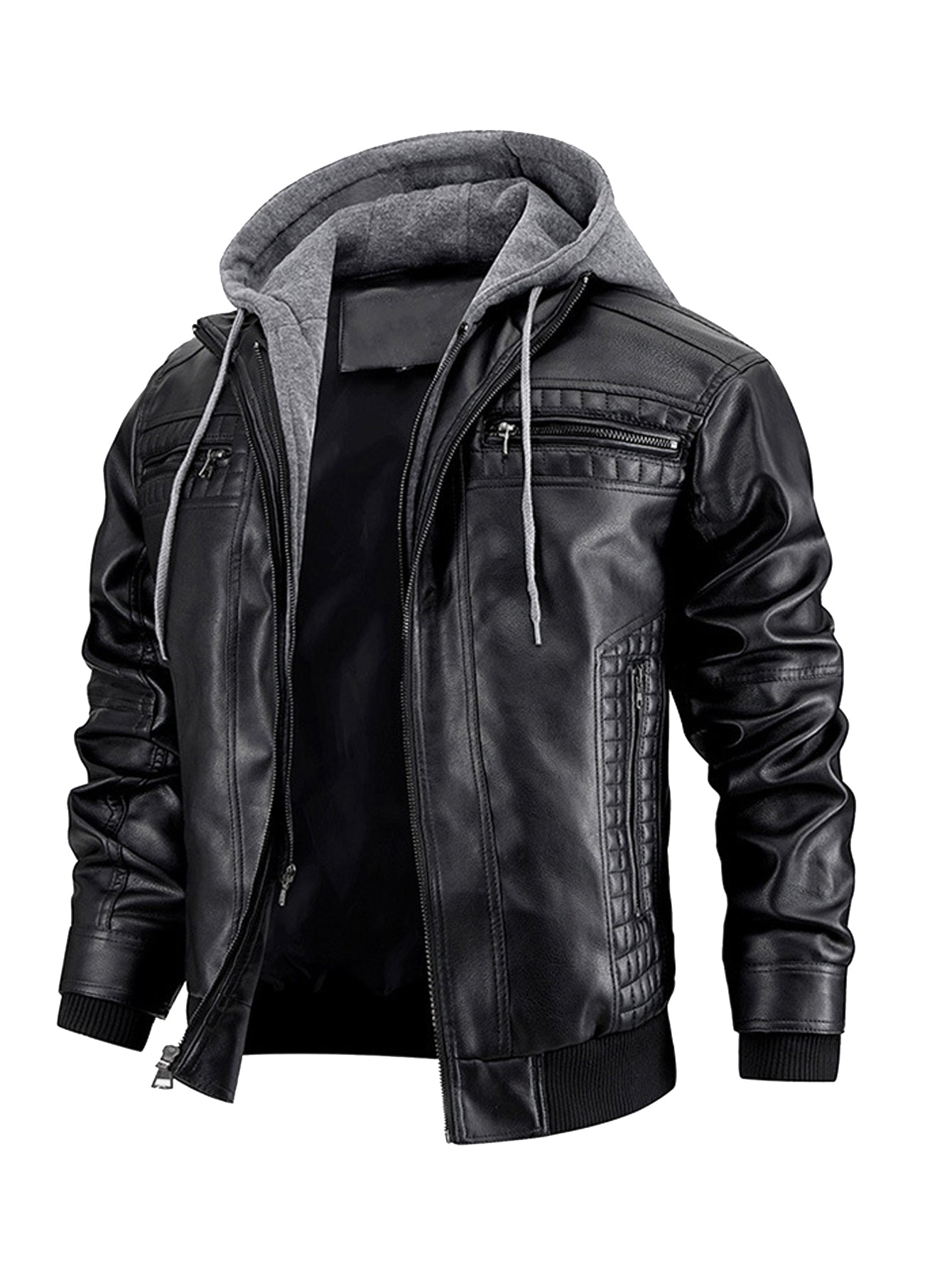 Men's Faux Leather Motorcycle Jacket – Waterproof Hoodie with Removable Hood