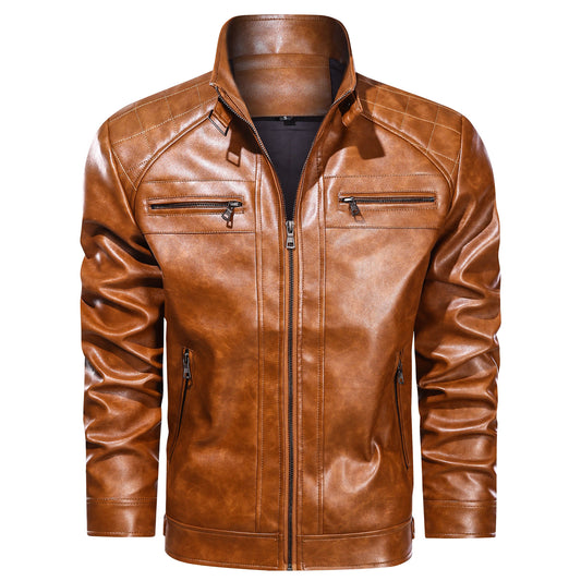 Men's Faux Leather Cafe Racer Jacket — Dark Gray & Yellow