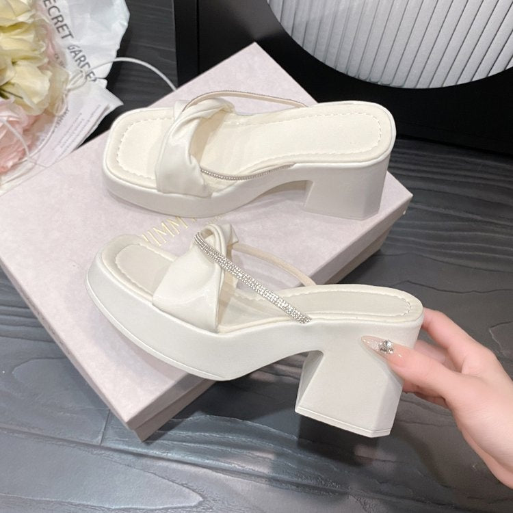 Rhinestone Block Heel Sandals – Women's Square Toe Slip-On (EU 36–42)
