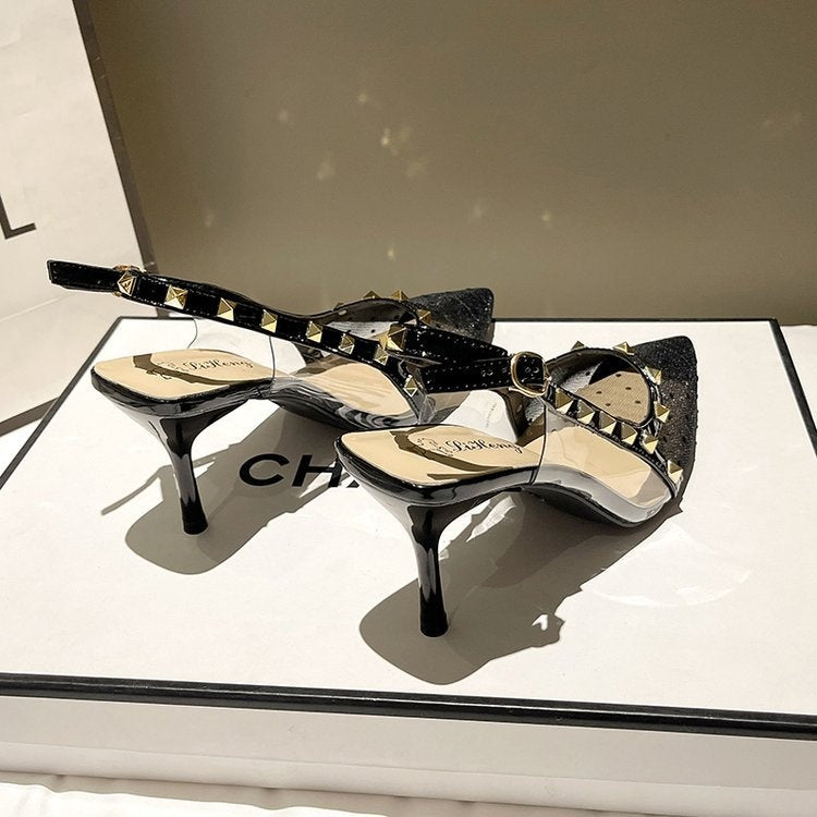 Women's Polka Dot Mesh Studded Slingback Stiletto Sandals