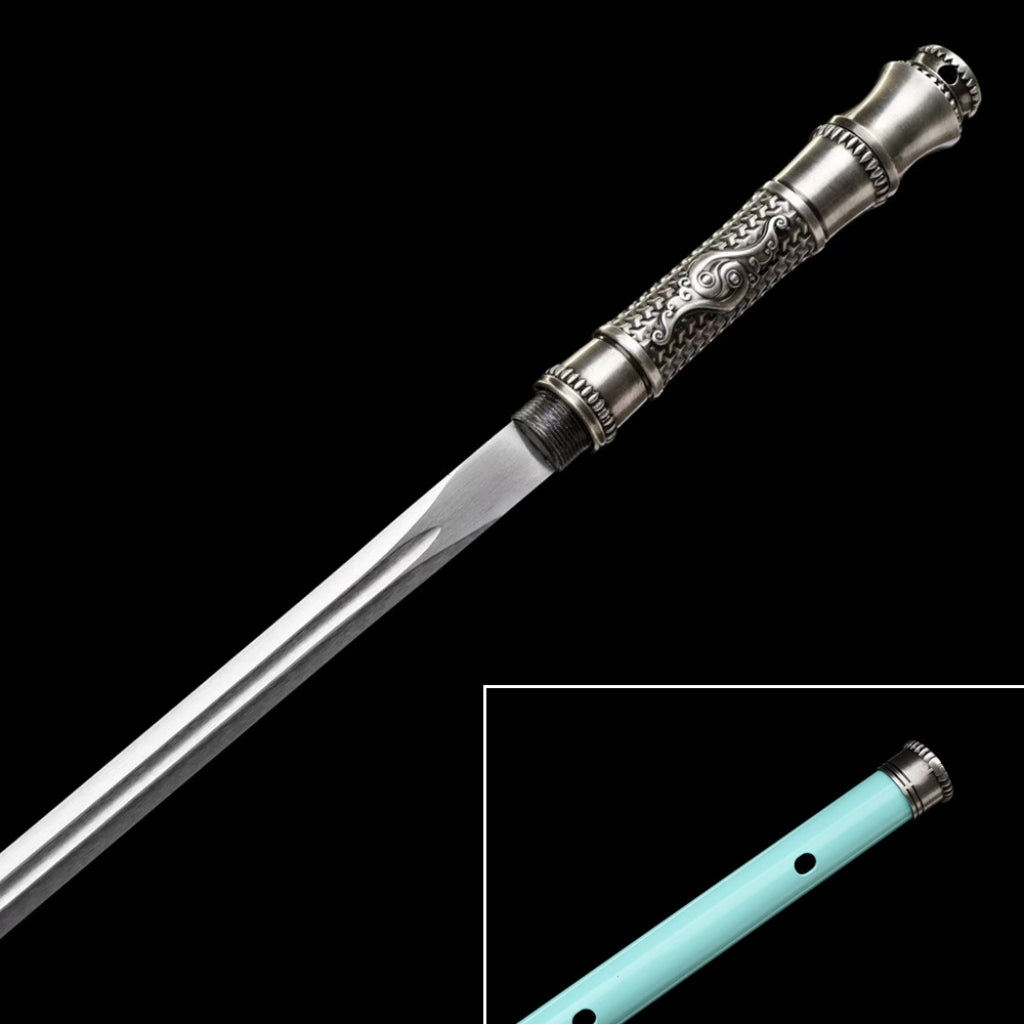 Integrated Sword & Blade Handmade Long Blade Flute Sword Blade-in-Staff Sword Extended Staff Blade Musical Instrument Gift Unsharpened