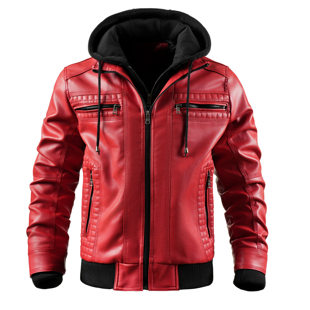 Men's Faux Leather Motorcycle Jacket – Waterproof Hoodie with Removable Hood