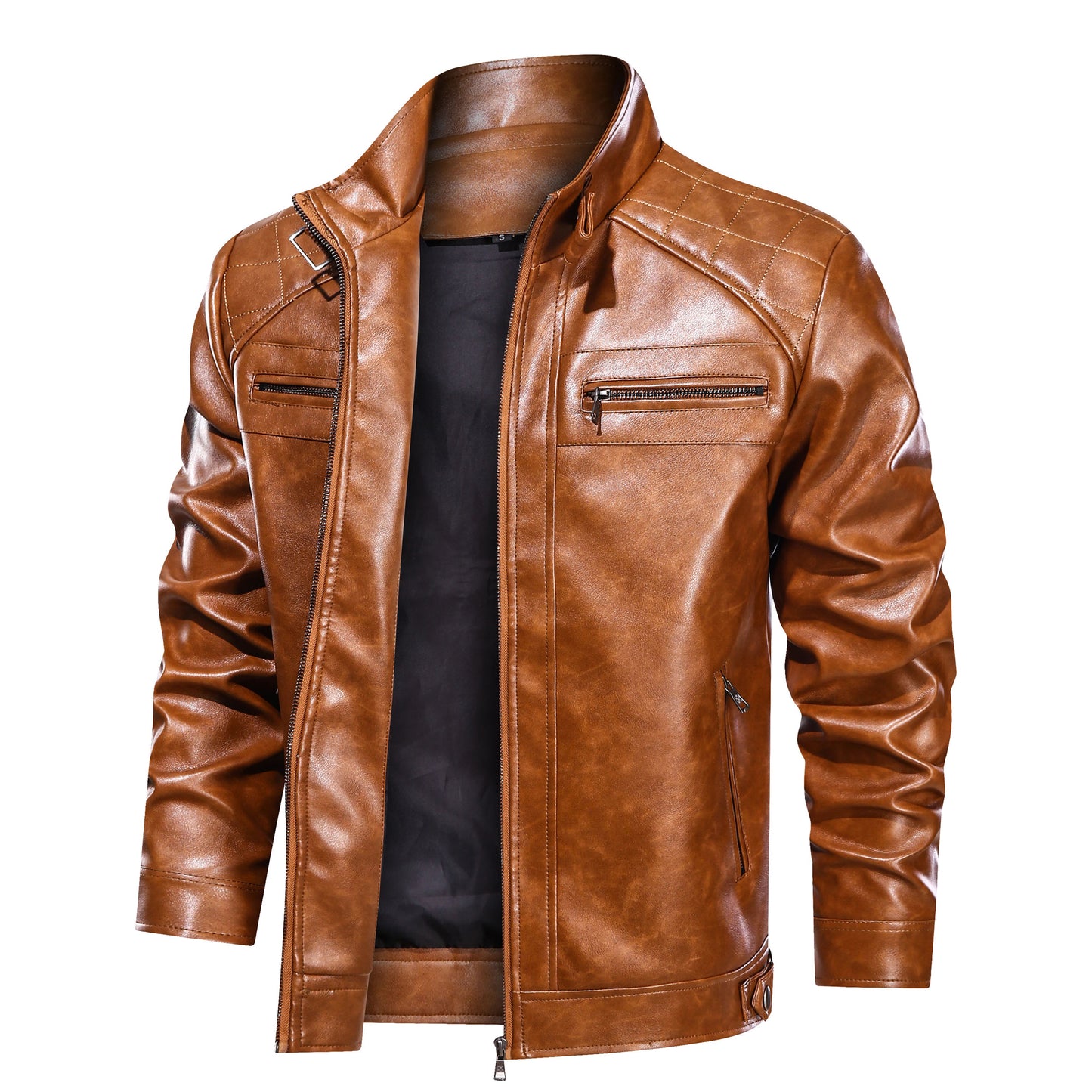 Men's Faux Leather Cafe Racer Jacket — Dark Gray & Yellow