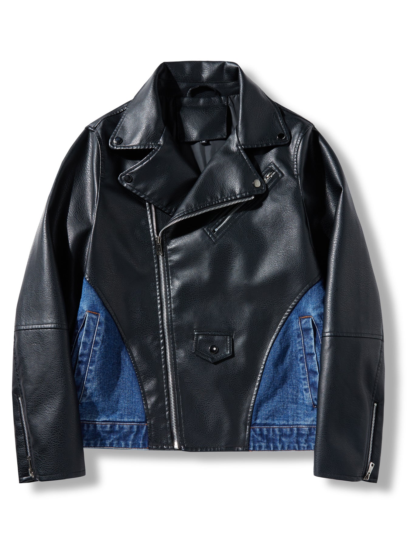 Men's Patchwork Denim Jacket – Diagonal Zip Collar Streetwear Coat