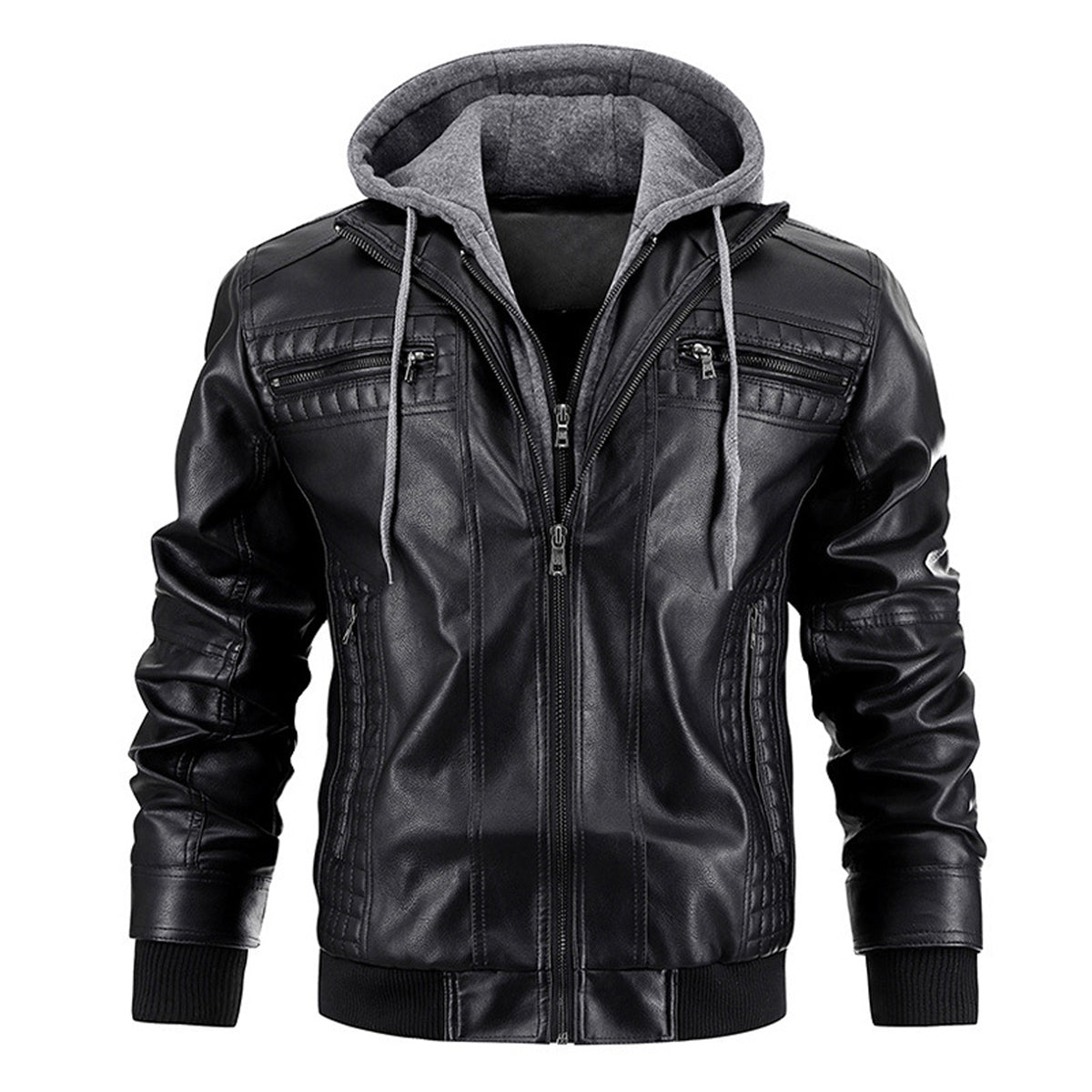 Men's Faux Leather Motorcycle Jacket – Waterproof Hoodie with Removable Hood