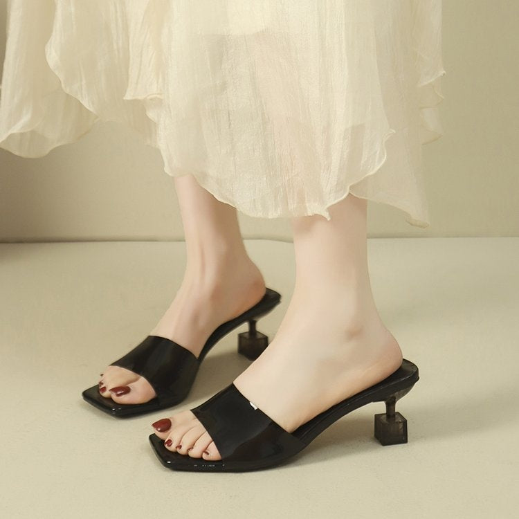 Women's Patent Square-Toe Kitten Heel Mule Sandals