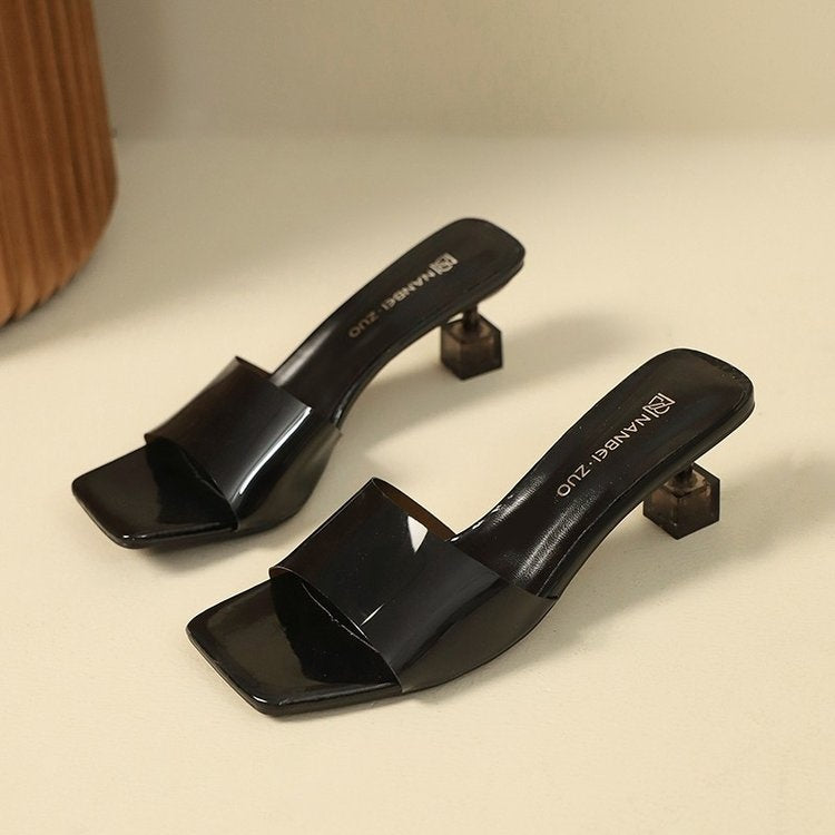 Women's Patent Square-Toe Kitten Heel Mule Sandals