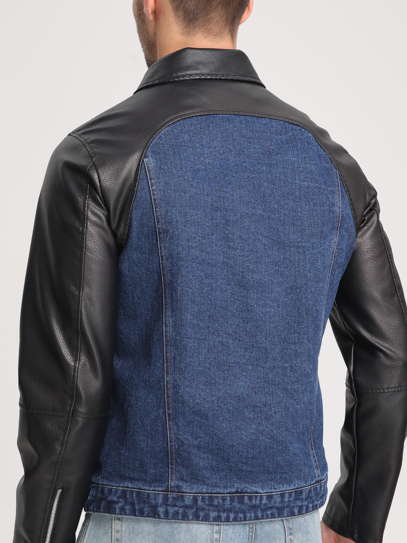 Men's Patchwork Denim Jacket – Diagonal Zip Collar Streetwear Coat