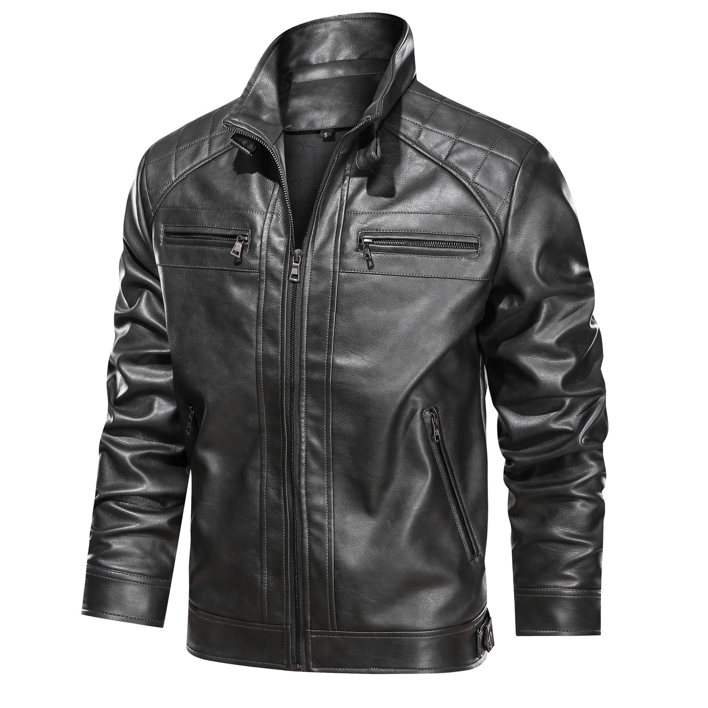 Men's Faux Leather Cafe Racer Jacket — Dark Gray & Yellow