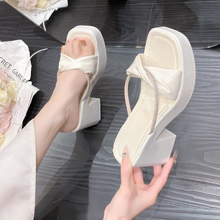 Rhinestone Block Heel Sandals – Women's Square Toe Slip-On (EU 36–42)