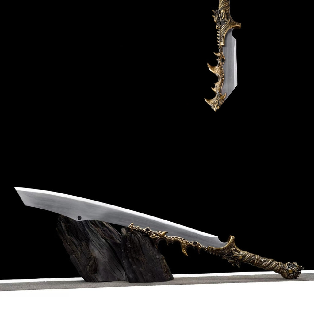 Integrated Blades Flaming Frenzy Saber, Dragon Slaying Saber, Long Style Ox Tail Saber  High Manganese Steel Unsharpened Cold Weapon Crafts