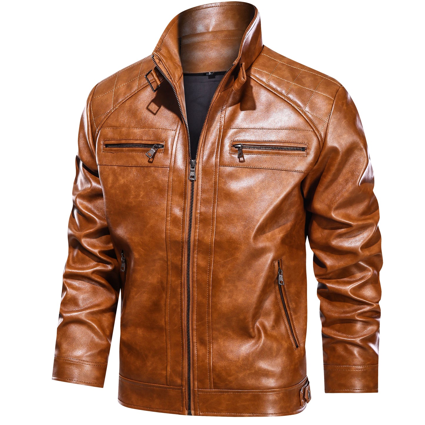 Men's Faux Leather Cafe Racer Jacket — Dark Gray & Yellow