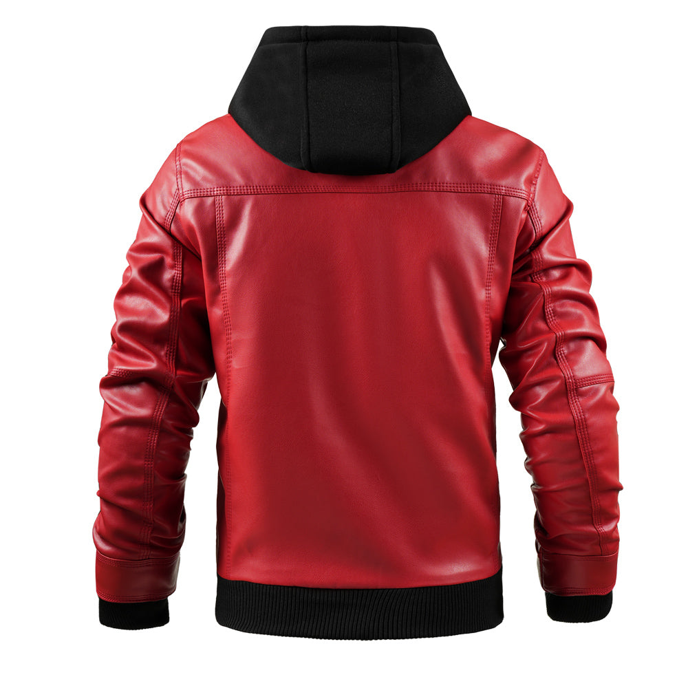 Men's Faux Leather Motorcycle Jacket – Waterproof Hoodie with Removable Hood