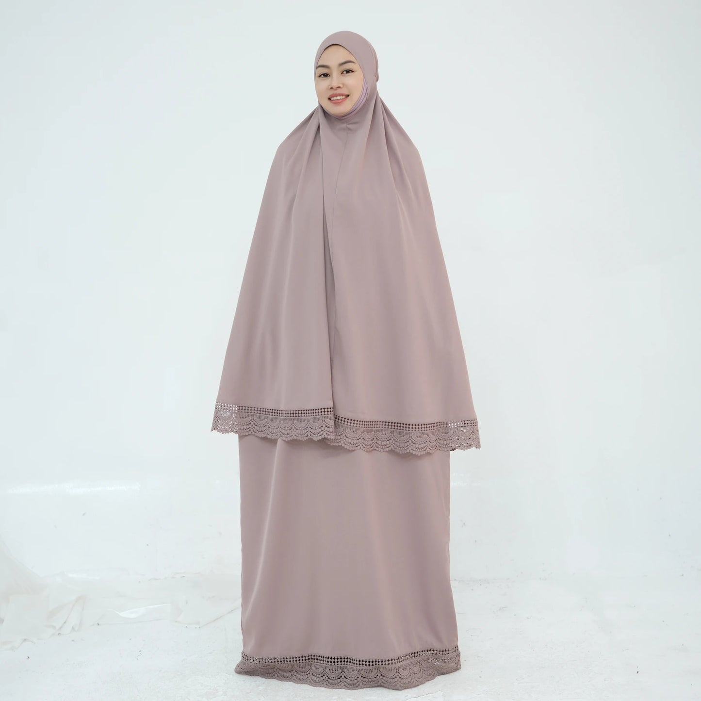 4-Piece Lace Trim Prayer Set - Complete Hijabi Salah Set with Khimar, Skirt, Rug & Pouch | Ramadan
