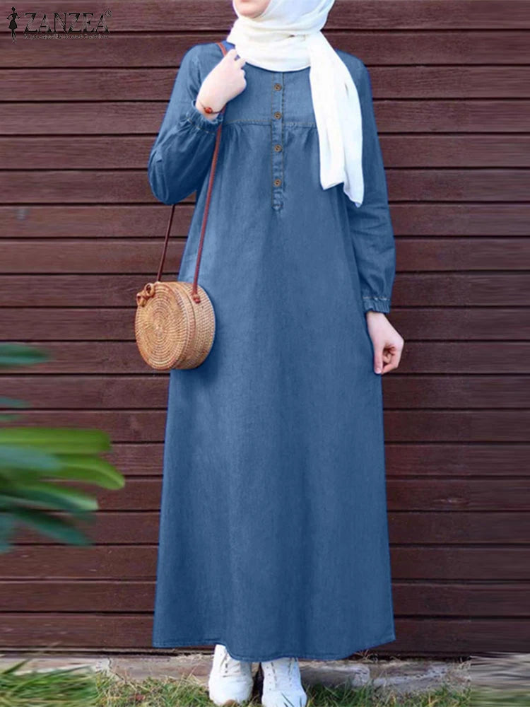Denim Blue Long Sleeve Abaya - Loose Casual Maxi Dress