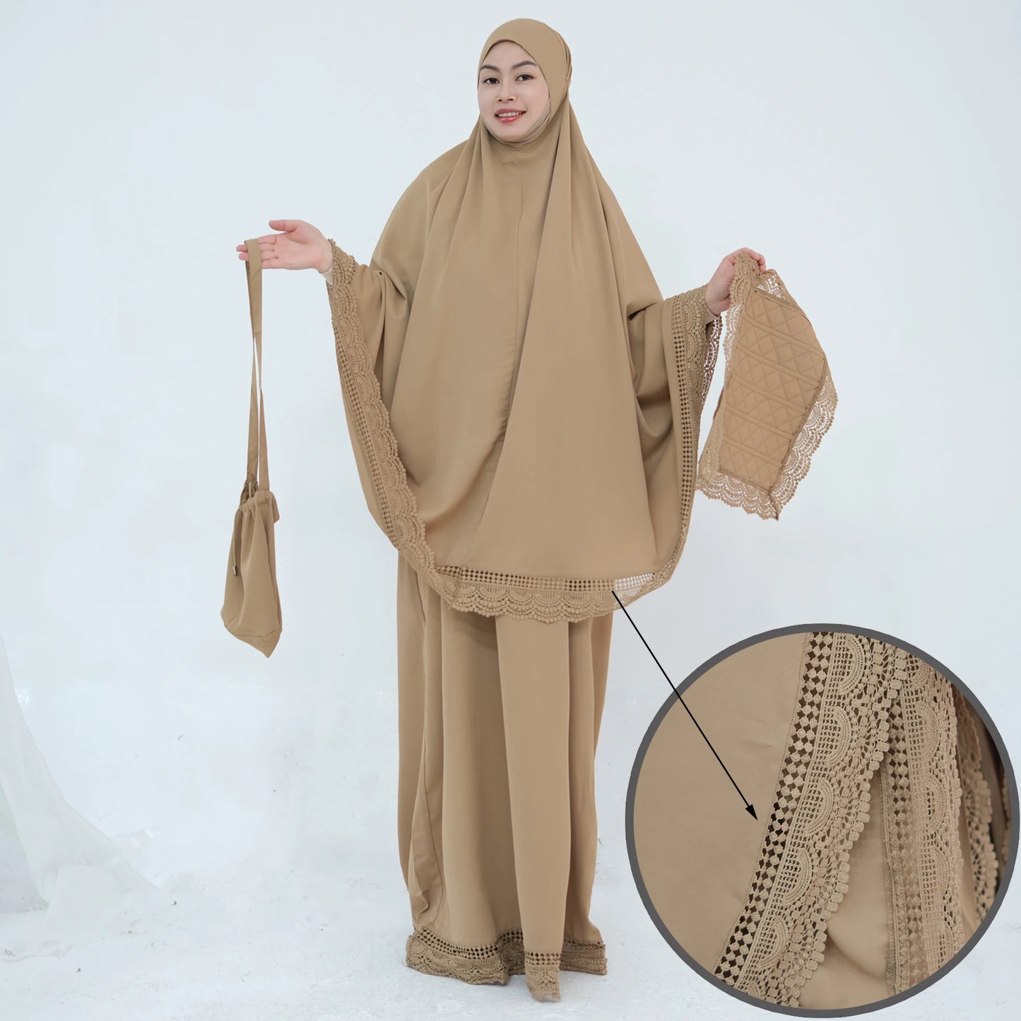 4-Piece Lace Trim Prayer Set - Complete Hijabi Salah Set with Khimar, Skirt, Rug & Pouch | Ramadan