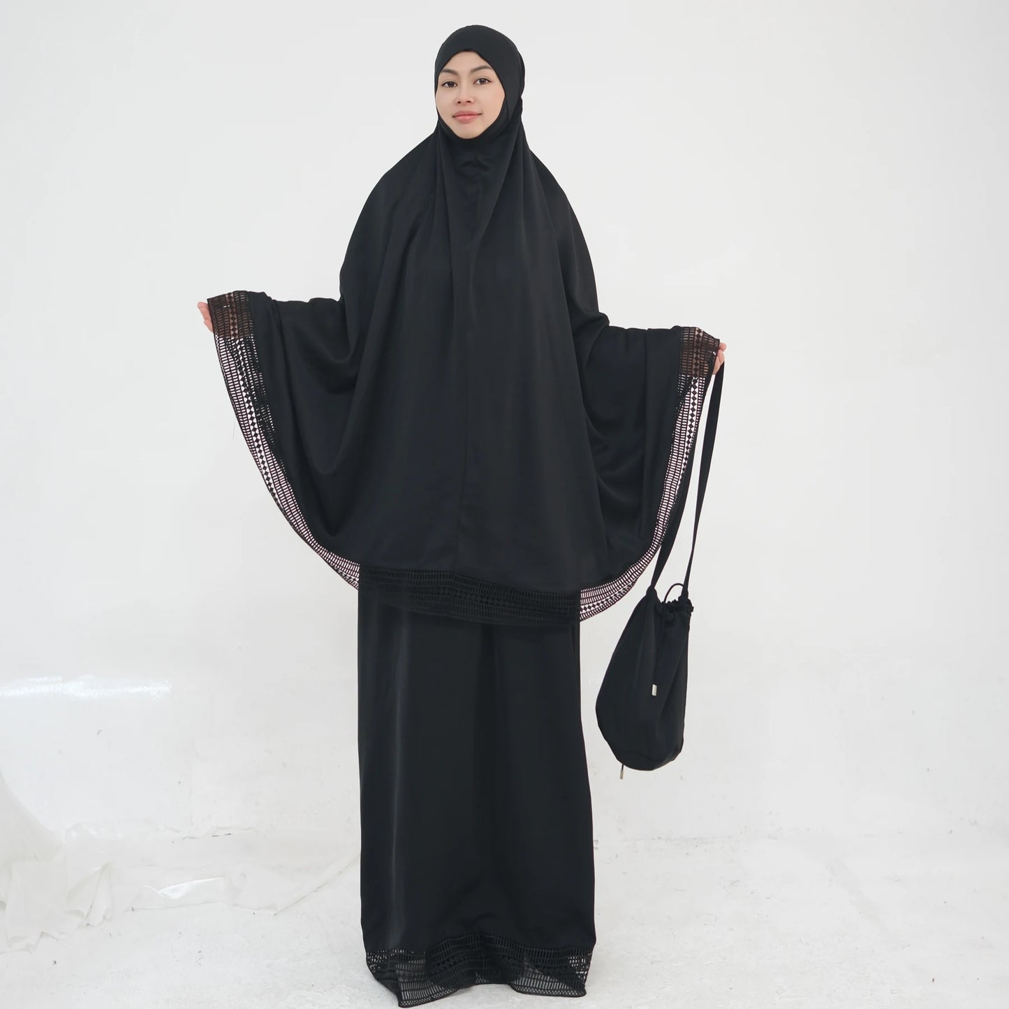 4-Piece Lace Trim Prayer Set - Complete Hijabi Salah Set with Khimar, Skirt, Rug & Pouch | Ramadan