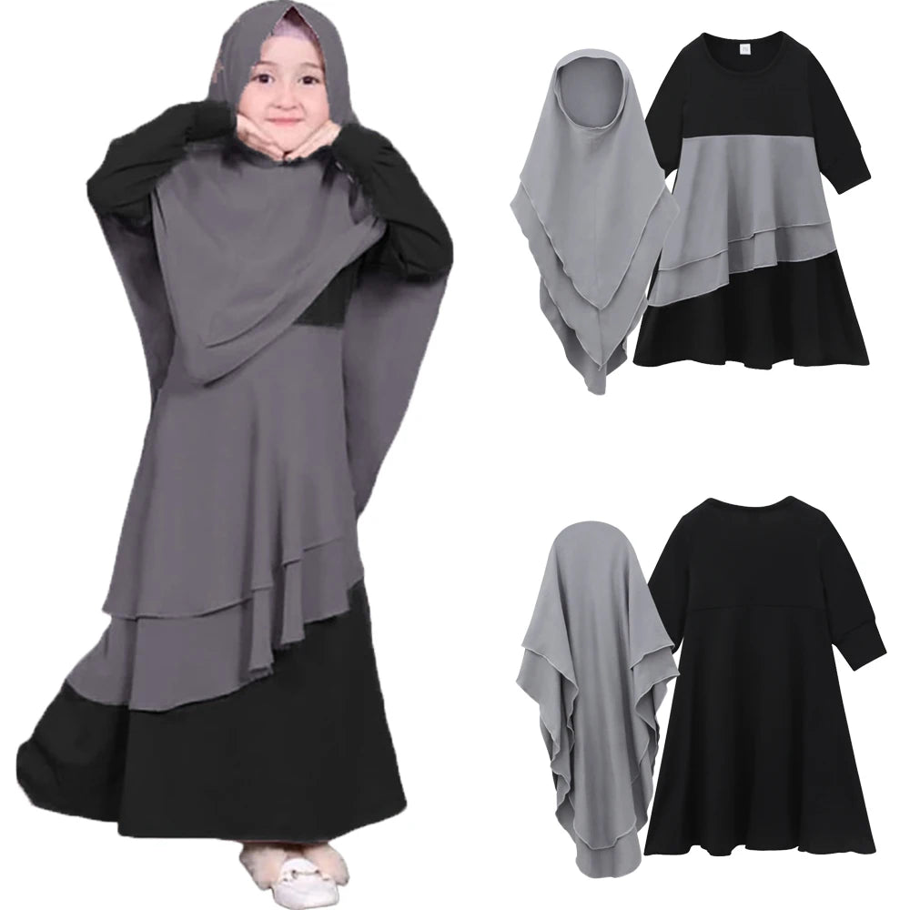 Muslim Girls Prayer Dress Set - 2-Piece Hijab Abaya with Headscarf for Children